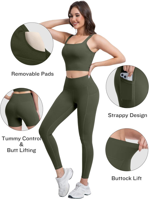 3 Piece Workout Sets for Women High Waisted Leggings with Pockets Tummy Control Biker Shorts Yoga Sports Bra